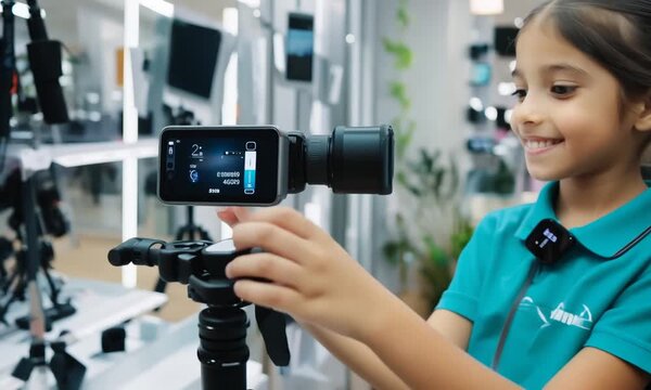 Purchasing travel vlogging gear in the camera store. Teenage girl looking for flexible portable tripod for smartphone or a compact camera. Shop assistant gives advice with buying video equipment.