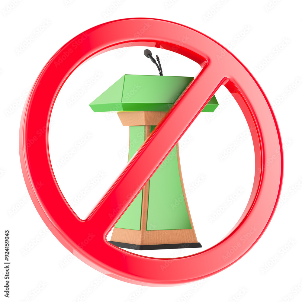 Aufkleber tribune with microphone inside prohibition sign, 3d rendering isolated on transparent background