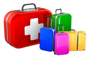 Travel First Aid Kit, concept. First aid kit with suitcases, 3D rendering isolated on transparent background