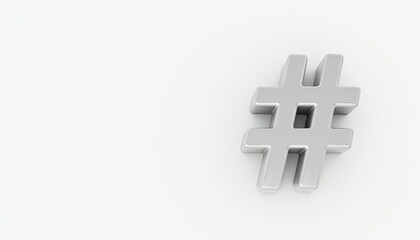 Obraz premium A shiny, silver hashtag symbol on a plain white background.