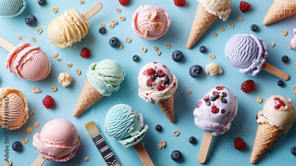 Poster blue surface with multiple ice creams and berries on each scoop