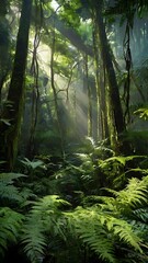 Fototapeta premium Tropical rainforest landscape view, green jungle leaves and giant trees