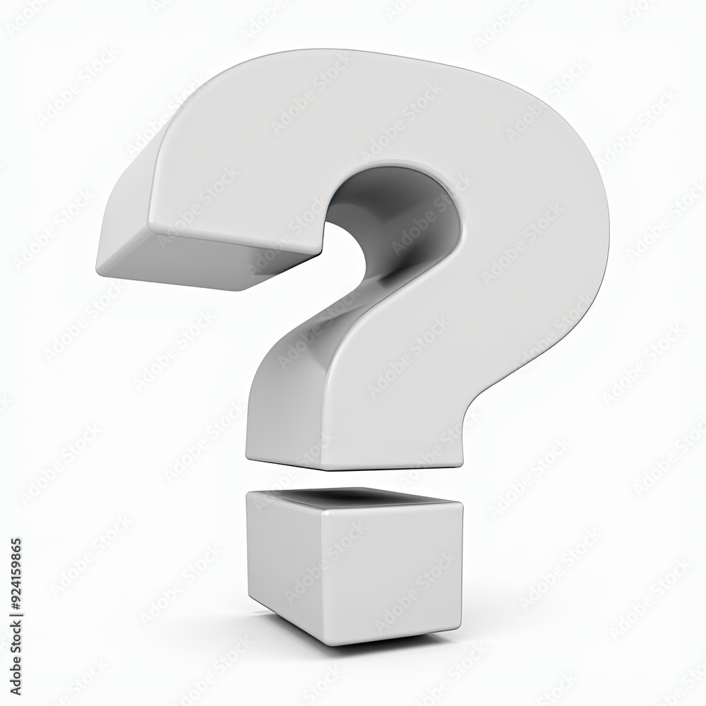 Poster 3d rendering of a solid white question mark hovering above a square base.