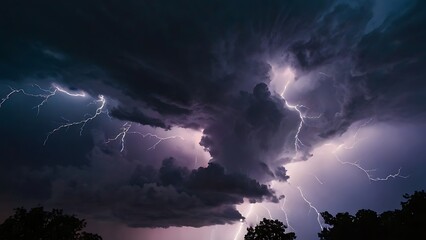 Thunderstorm landscape view in night. open field with large clouds above and lighting strikes