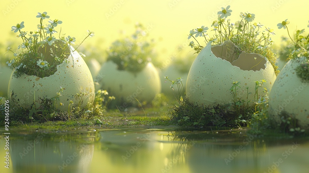 Poster a cluster of eggs with vegetation emerging from them resting amidst a puddle of water under bright s