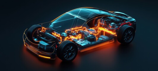 Electric car cross-section with labeled components, including cables, motors, and electrical systems