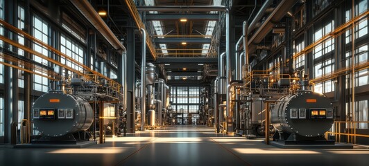 Fototapeta premium A vast industrial boiler room with towering boilers
