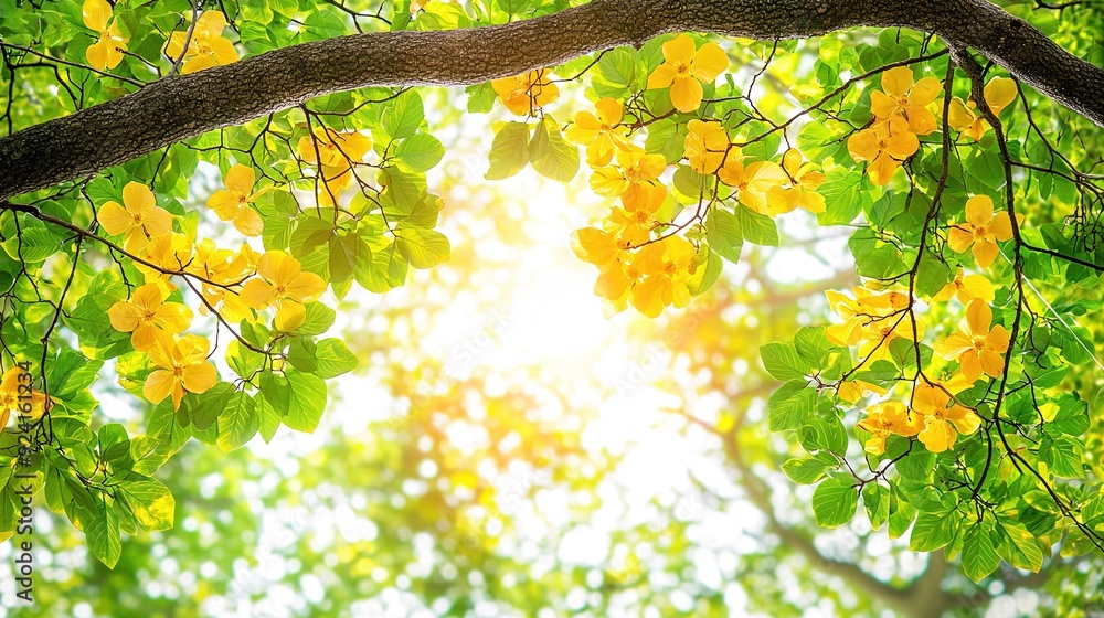 Poster a yellow tree branch adorned by blossoms sits in the foreground; in the backdrop, sunlight filters t