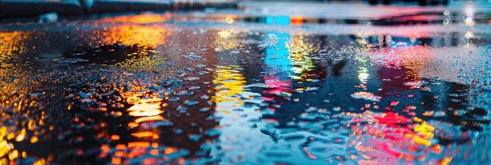 Vibrant oil spills on a slick surface during rainfall; the rain has distorted the motor oil leakage from a malfunctioning vehicle.