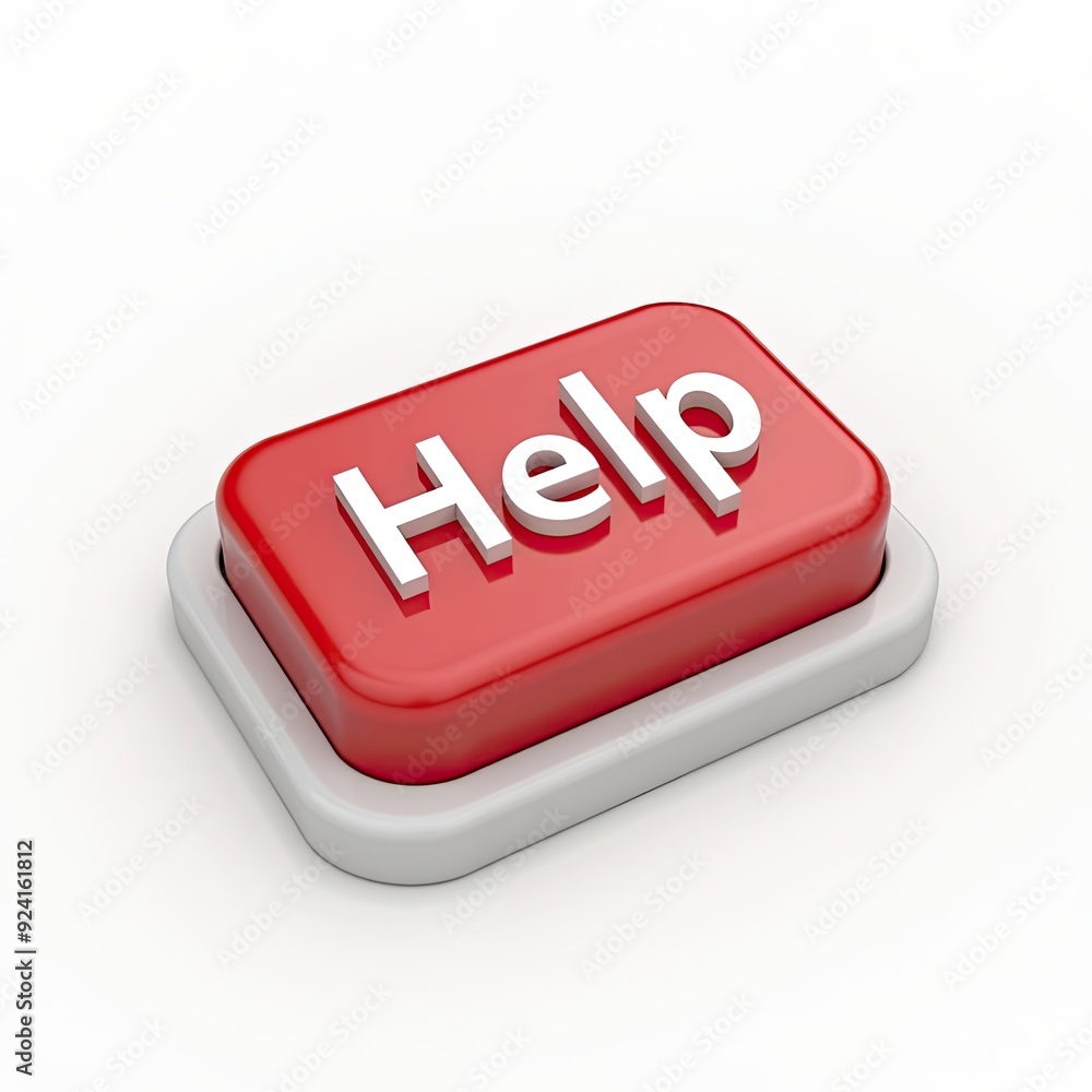 Poster a red and white 'help' button in 3d with a clean, minimalist design on a white background.