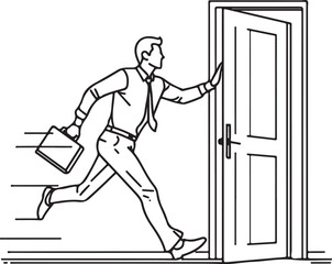 Single Line Drawing of Office Worker Escaping Through Emergency Exit – Minimalist Businessman Running Towards Safety Vector Illustration