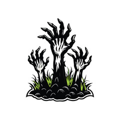 A black and white illustration of three zombie hands reaching out from the ground.