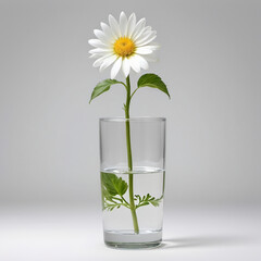 Beautiful daisy flowers in a clear glass vase on white background.