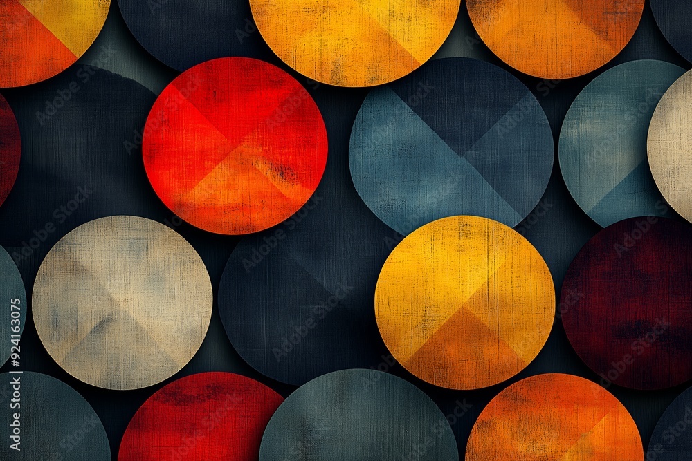 Poster colorful circular patterns create a vibrant abstract design with red, yellow, and blue shapes on a t