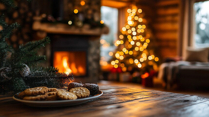Warm Log Cabin Christmas Decor Home Holiday Fireplace Tree Santa's Cookies Copy Space