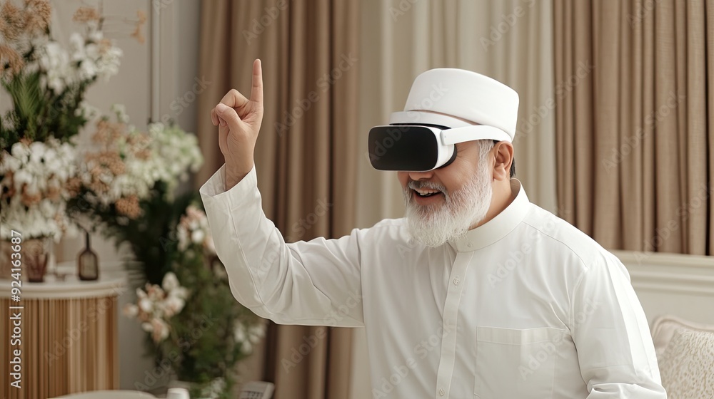 Poster a young man is smiling and gesturing joyfully while immersed in a virtual reality experience at his 