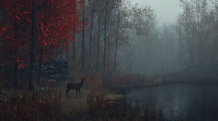   A deer stands amidst a forest by a water body, surrounded by red-leafed trees