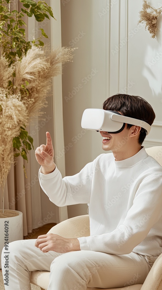 Poster a young man is smiling and gesturing joyfully while immersed in a virtual reality experience at his 