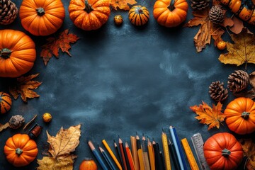 Halloween background, top view. Pumpkin and school supplies on dark table. Free copy space.