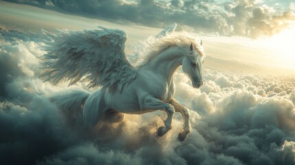 White Pegasus Flying Above the Clouds