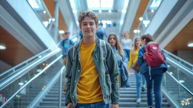 Closeup of school students walking on stairs in college building