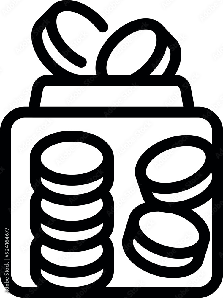 Poster line drawing of an open box overflowing with stacks of gold coins, representing saving and wealth
