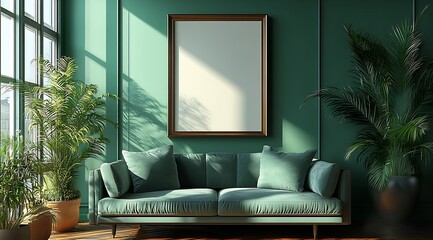 Fototapeta premium Picture frame mock-up in the interior of a modern living room on a green wall design with a sofa and a plant in a vase, transparent wall art mockup design 