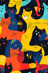 A playful seamless pattern of colorful cats with vibrant hues of orange, yellow, and blue against a dark background. The design is whimsical and cheerful, with various cat expressions and poses.