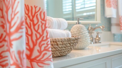 Brighten up your morning routine in this beachy bathroom with a coral shower curtain and seashellshaped soap dispensers.