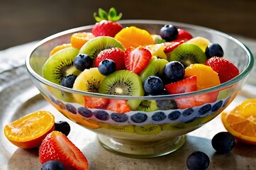 Fresh mixed tropical healthy homemade fruit salad. Bowl of healthy fresh fruit - died and fitness concept