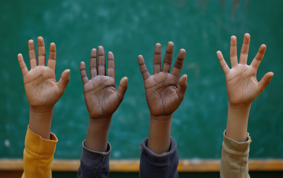 Diverse school kids raised hands for answering lesson against empty blackboard in classroom - Powered by Adobe