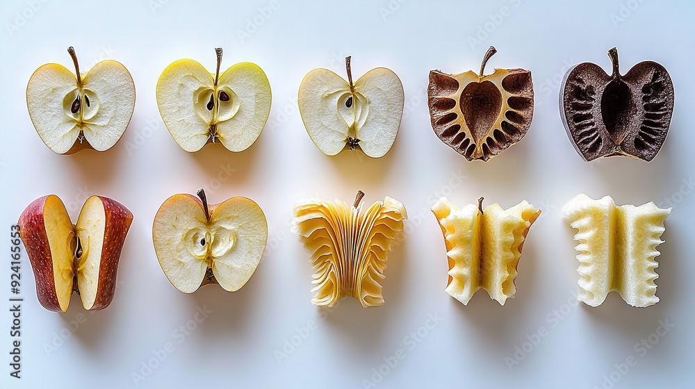 Poster   A cluster of sliced apples resting on a white table alongside one another atop a white background
