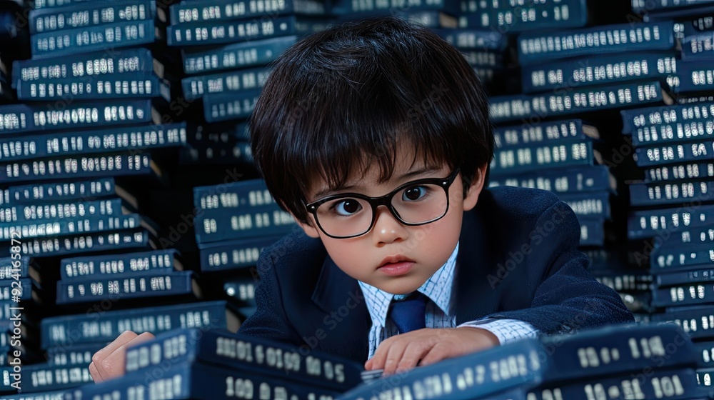 Poster a young boy with glasses focuses on typing on his computer, immersed in a digital world of binary co