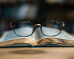 Close-Up of Eyeglasses Resting on Open Book in Library, Perfect for Reading and Education Themes