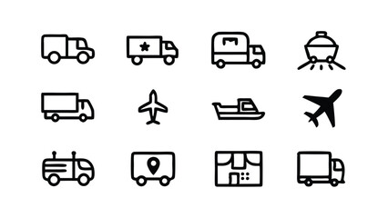 Set of hand-drawn line icons for various transportation methods including trucks, airplanes, boats, and delivery.