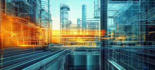 Obraz premium Industrial steel area, with blueprint and technical design