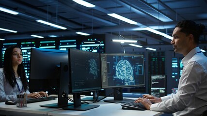 Computer scientist using AI tech on PC to do checkup in server room. IT staff member in data center...