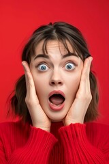 Surprised young woman in red sweater, posing against red background.
