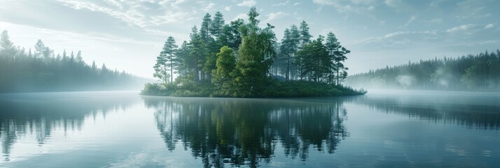 Serene Island Amidst a Peaceful Lake Enveloped by Nature