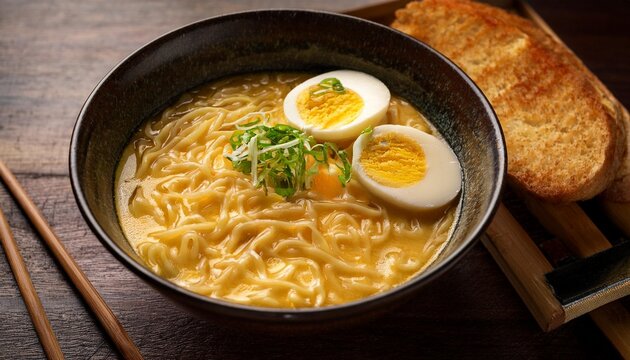 A bowl of ramen with a thick layer of melted cheese and a side of garlic bread