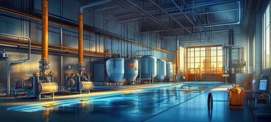 The flow of energy and water through an industrial boiler room and treatment facility