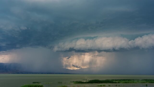 Severe thunderstorm moving over Utah Lake during summer storm in monsoon season.