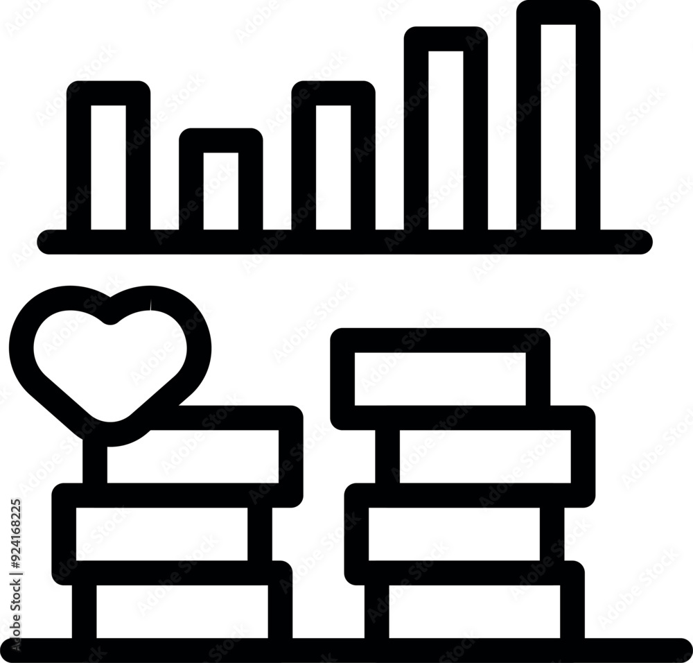 Poster line art style icon of a sales bar chart increasing with a loyalty program represented by hearts ove