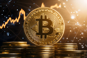 Bitcoin coins. Gold Bitcoin with Candle stick graph chart and digital background.