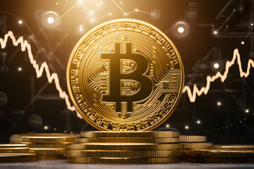 Bitcoin coins. Gold Bitcoin with Candle stick graph chart and digital background.