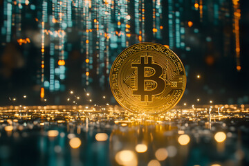 Bitcoin coins. Gold Bitcoin with Candle stick graph chart and digital background.