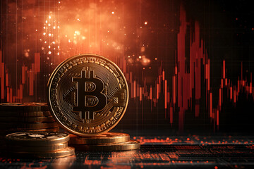 Bitcoin coins. Gold Bitcoin with Candle stick graph chart and digital background.