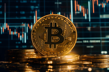 Bitcoin coins. Gold Bitcoin with Candle stick graph chart and digital background.