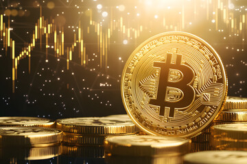 Bitcoin coins. Gold Bitcoin with Candle stick graph chart and digital background.