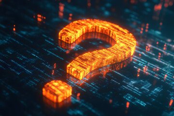 digital 3d question mark with binary code, ai in question answering systems, natural language processing algorithms, information retrieval platforms, and personalized knowledge assistance.